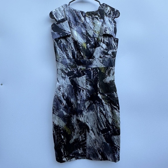 Single 100% Silk Grey Black White Splatter Abstract Palm Shift Pencil Dress 8 - Picture 10 of 16